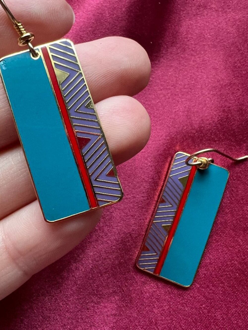 80s Laurel Burch FESTIVITY Enamel Geometric Rectangle Dangle Hook Earrings